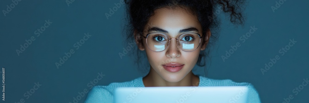 Aufkleber Immersive Digital Workflow Gen Z Professional in Minimalist Tech Environment, Illuminating Future-Forward Connectivity and Innovative Workspace Design