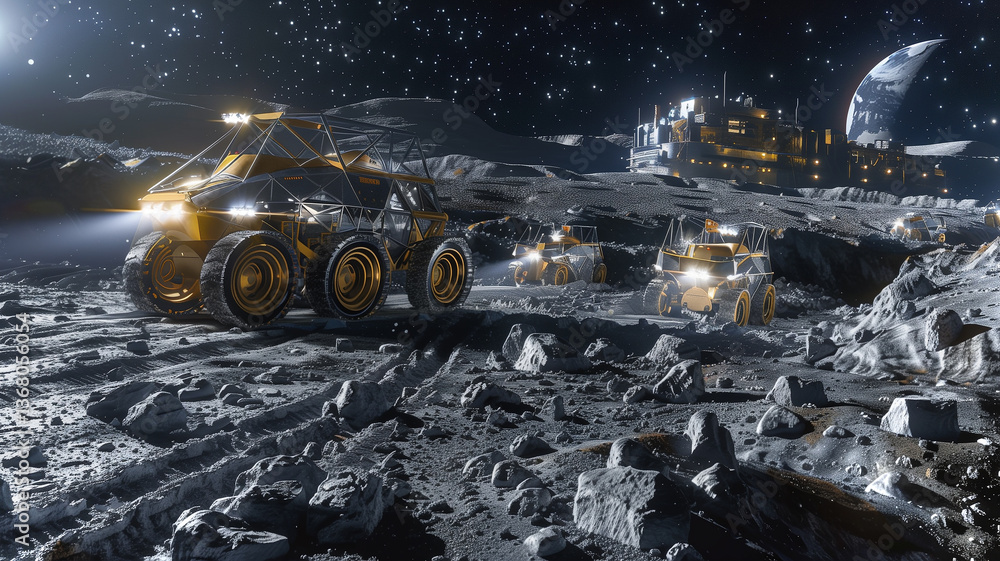 Poster this excavation vehicles navigate the lunar surface for regolith extraction near a refinery at night