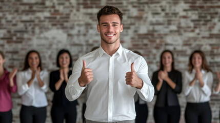 A smiling young man is giving a thumbs up in front of a group of applauding individuals, conveying positivity and support in a professional setting.