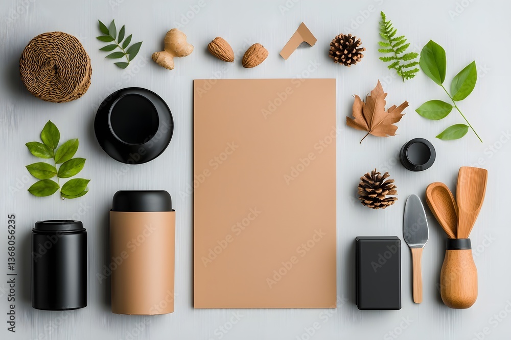Poster minimalist and scandinavian inspired flat lay composition featuring an array of storage containers a