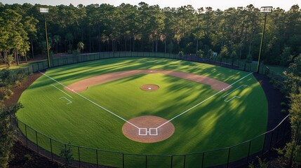 Fototapeta premium Aerial view of a pristine baseball field in a lush park setting