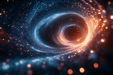 A swirling galaxy of SEO and digital marketing phrases, glowing in a dark, neon-lit space, creating a vibrant, interconnected network