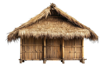 A rustic bamboo hut with a thick thatched roof, embodying simplicity and traditional craftsmanship against a clean white background.