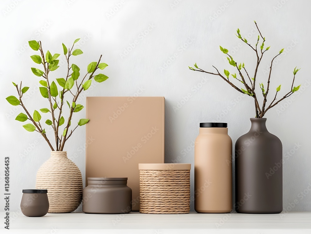 Poster minimalist and well curated assortment of practical storage solutions including cardboard boxes wick