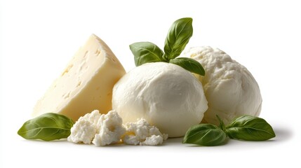 A curated display of various cheese types including mozzarella and ricotta, accented by fresh basil, focusing on indulgence for gourmet cooking or entertaining.