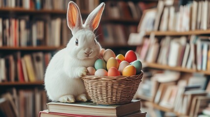 Easter bunny with eggs sitting on a stack of books in a bookstore, spring offer of the store