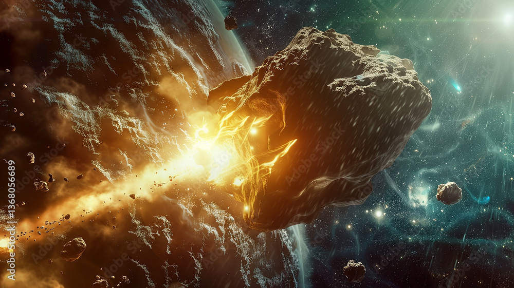 Poster this high-energy extraction process occurring on an asteroid's surface, revealing bright regolith.