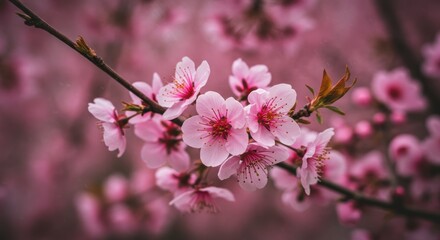 Fototapeta premium Delicate pink cherry blossoms blooming on branches against a soft blurred background