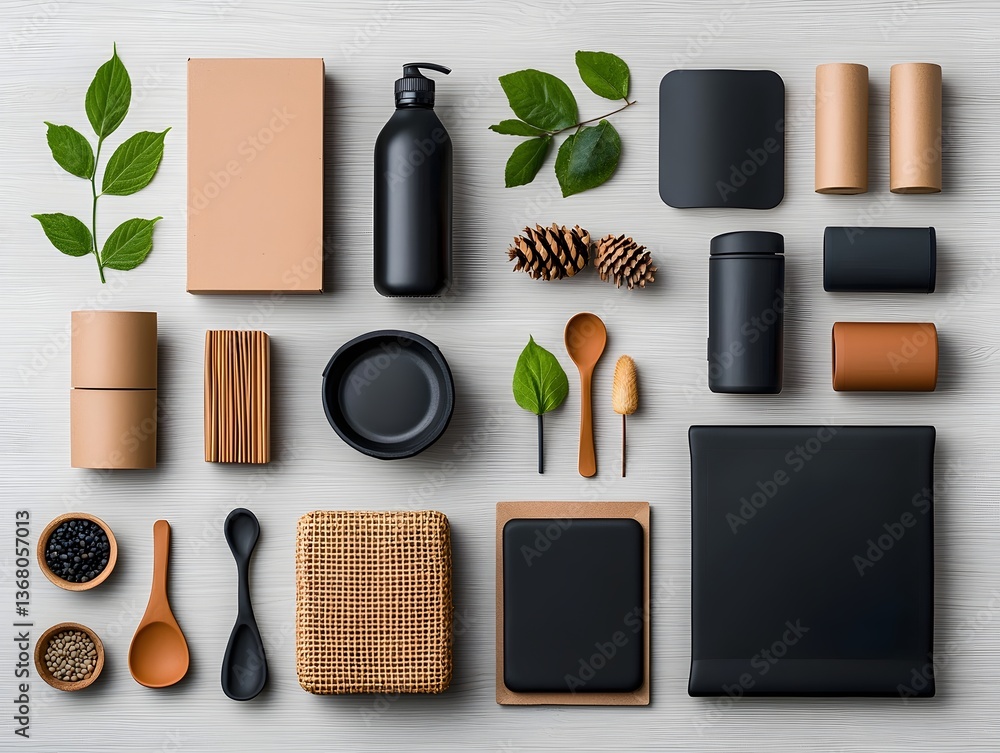 Poster minimalist flat lay composition featuring an array of storage containers in diverse shapes and textu