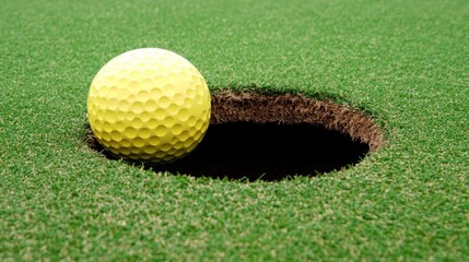 Naklejka premium Almost in! Yellow Golf Ball Nearing the Hole on Putting Green
