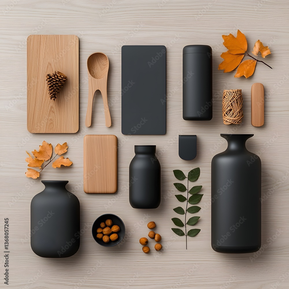Poster minimalist flat lay composition highlighting a curated selection of versatile storage containers in 