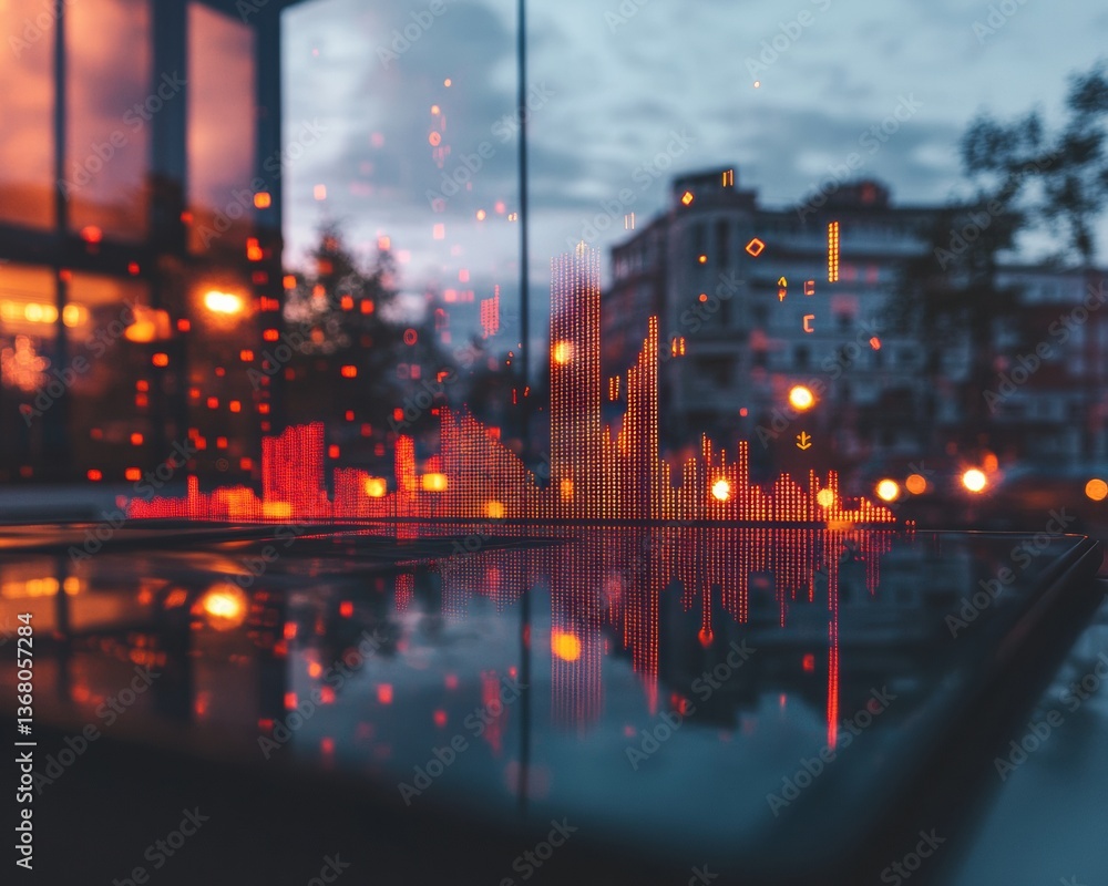 Aufkleber Cybernetic Urban Twilight Immersive Data Visualization of Smart City Dynamics, Blending Digital Analytics with Atmospheric Urban Reflection Technology