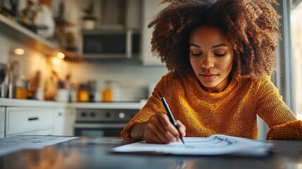 A woman is writing on a piece of paper in a kitchen