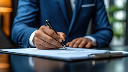 A man in a suit is writing on a piece of paper