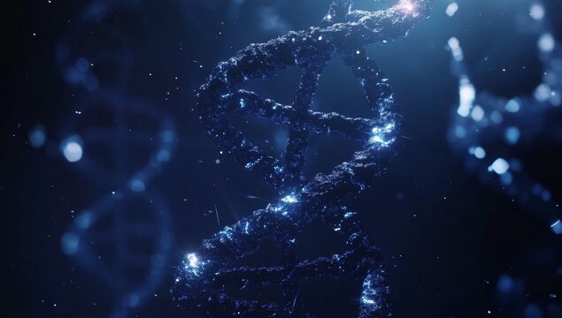 Abstract futuristic DNA structure on a dark blue background with glowing particles and bokeh lighting effects. Realistic 3D rendering of a double helix model for biomedical