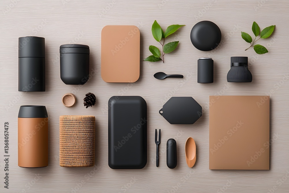 Poster minimalist flat lay composition highlighting an organized collection of storage containers in variou
