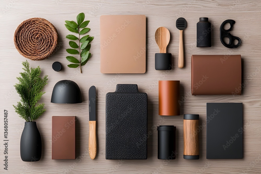 Aufkleber minimalist flat lay composition highlighting an organized collection of storage containers in variou