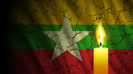 Vector mourning banner. Burning candle on background of Republic of Union of Myanmar wavy cracked flag. Symbol of grief in connection with terrible earthquake.