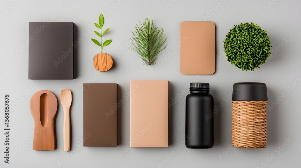 Poster minimalist flat lay composition showcasing a curated selection of wicker cardboard and metal storage