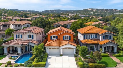 Aerial view of a row of houses with terracotta roofs, lush landscaping, and a pool