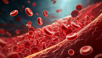 Medical illustration of blood cells flowing through vessel with cholesterol plaque buildup.