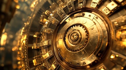 Obraz premium Golden Gear Mechanism, Abstract 3D Render of Intricate Machinery