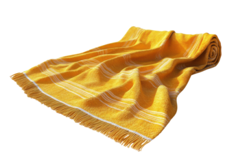A sun-drenched yellow beach towel, softly draped and inviting, ready for a relaxing day at the seaside, boasting a fringed edge and subtle striped design.