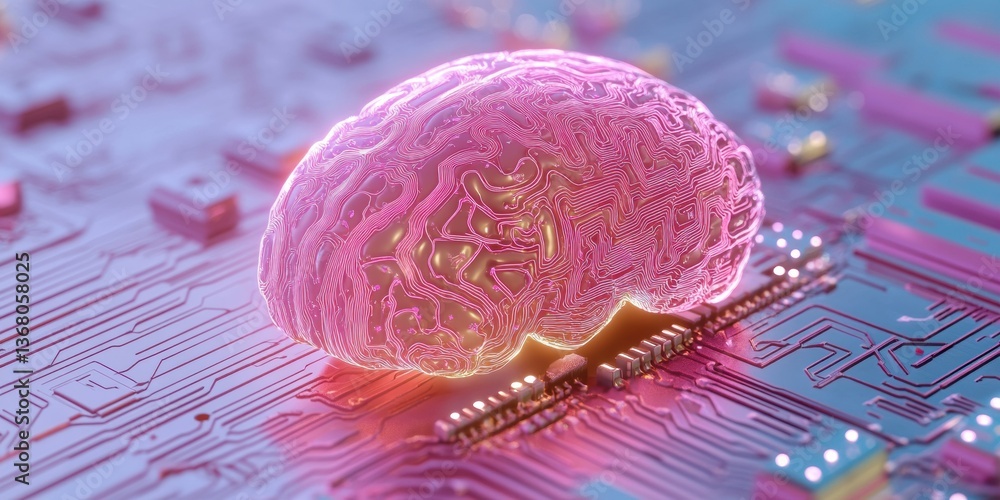 Poster Neuromorphic AI Revolution Hyper-Realistic Pink Neural Network Processor Visualizing Quantum Computational Intelligence and Next-Gen Machine Learning Innovations