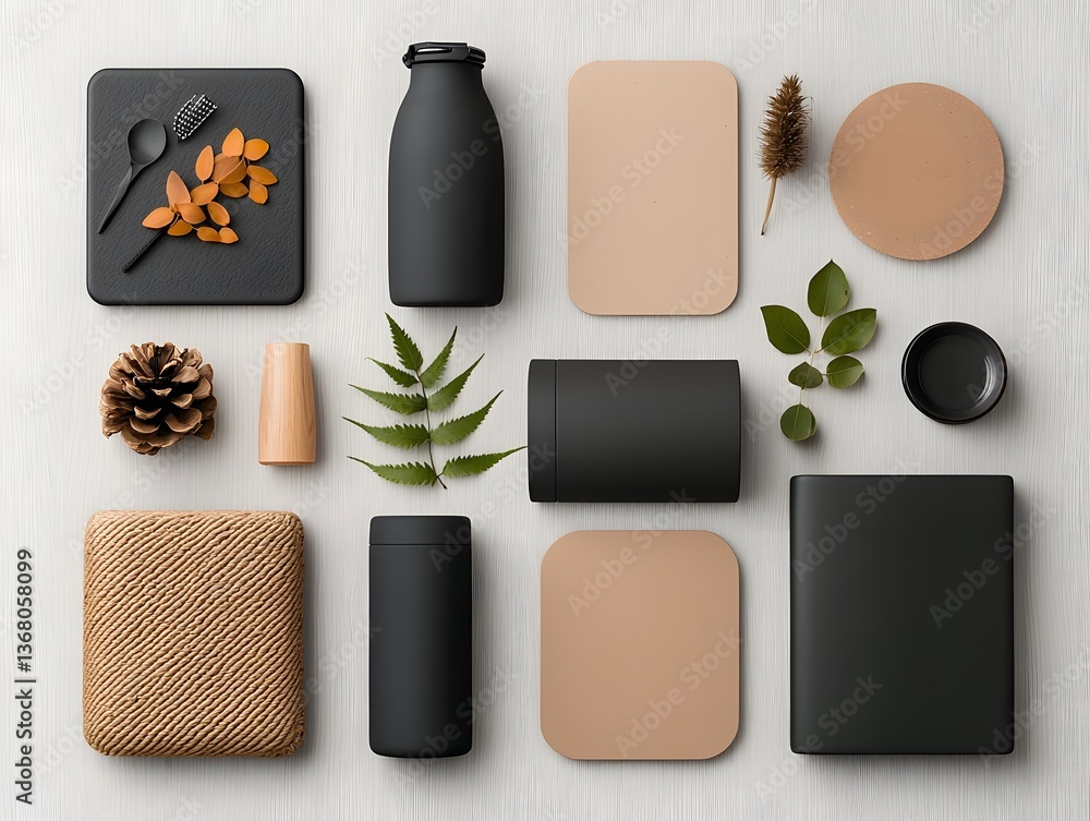 Poster minimalist flat lay featuring a curated collection of storage containers in neutral tones and organi