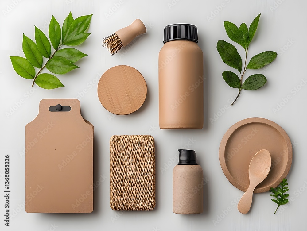 Poster minimalist flat lay featuring a curated collection of storage containers in neutral tones and organi