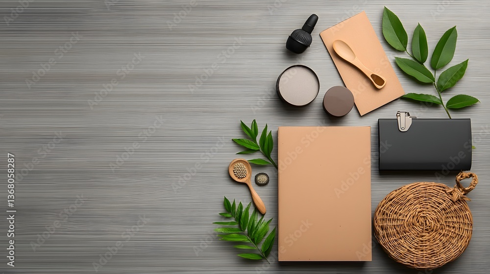 Poster minimalist flat lay featuring an assortment of functional storage containers in a variety of materia