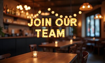 Warm Restaurant Interior with "Join Our Team" Sign