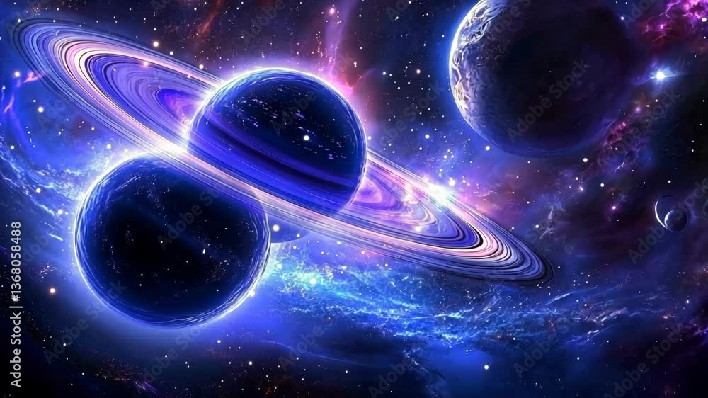 Wall mural cosmic dance of two planets surrounded by vibrant nebulas in deep space at twilight