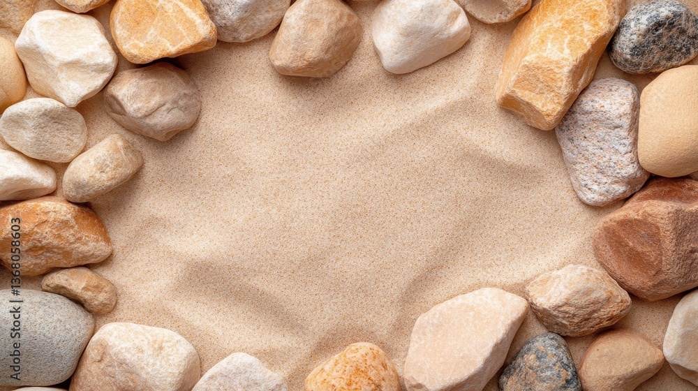Poster a circular arrangement of smooth stones on fine sand, creating a soothing pattern that highlights th