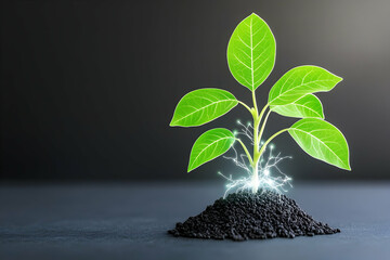 Glowing seedling emerging from dark soil, symbolizing growth, technology, and nature's power