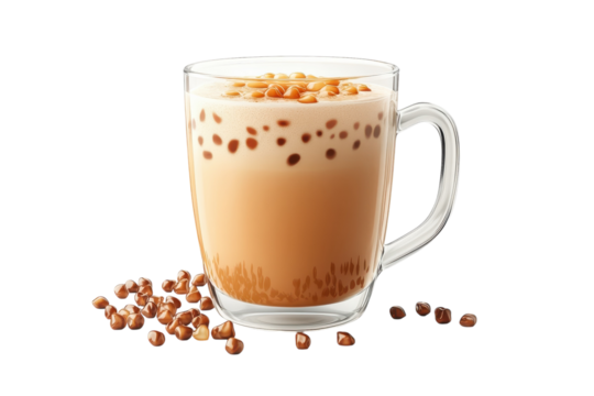 A tempting caramel-topped latte, brimming with chocolate boba pearls, rests in a clear glass mug, ready to delight; scattered pearls add a touch of sweetness.
