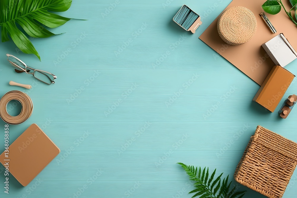 Poster minimalist flat lay presentation highlighting an assortment of storage solutions in complementary ma