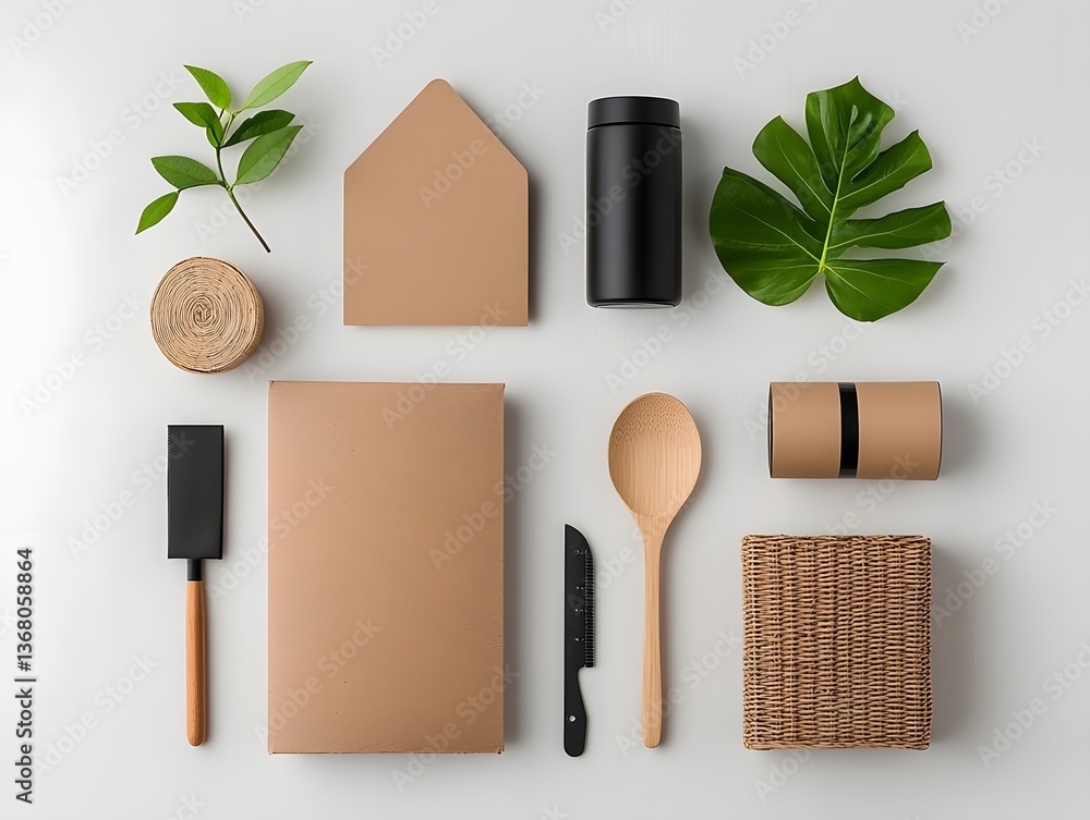 Poster minimalist flat lay showcasing an assortment of practical home storage containers in an organized la