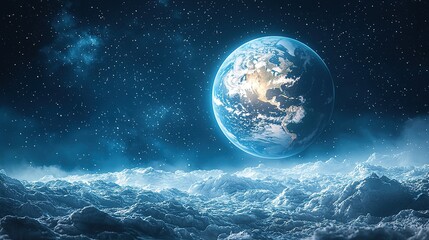 A large, egg - shaped Earth planet floating in space, with snow - covered mountains on its surface, set against a dark blue cosmic backdrop. This high - resolution, high - quality 3D illustration