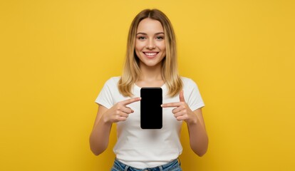 Naklejka premium Caucasian woman holding smartphone and smiling in front of yellow background, representing technology and youth culture.