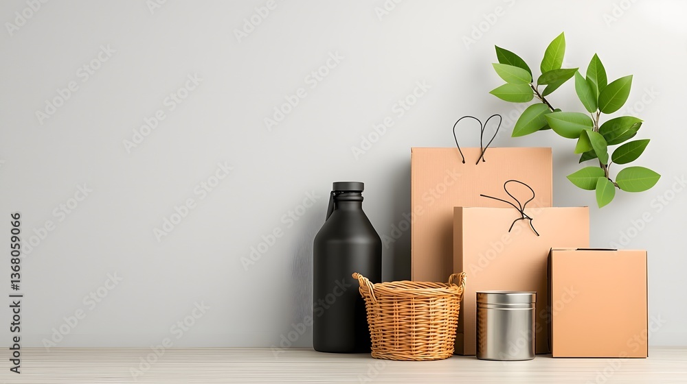 Poster minimalist flat lay showcasing an assortment of versatile storage solutions including cardboard boxe