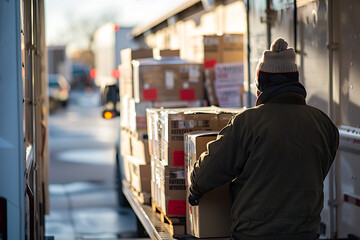 loading cargo into van, a person is transferring boxes from a cart or forklift into a cargo van