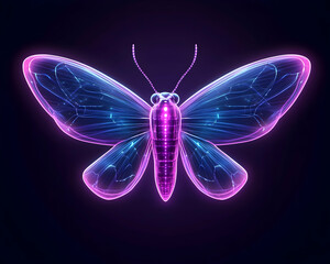 Glowing translucent insect with vibrant pink and blue hues, intricate wing details against a dark background