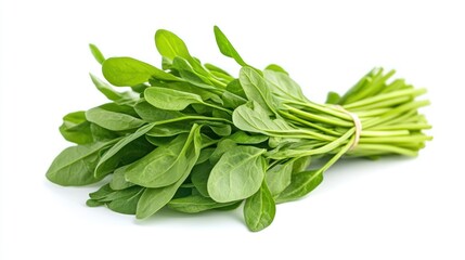Fototapeta premium Fresh spinach leaves bunch on white background. Lush green spinach leaves tightly bound together, vibrant color, close-up view.