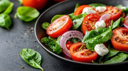 This appetizing salad features spinach, cherry tomatoes, and red onions in a stylish black bowl, evoking freshness and healthiness in an elegant presentation.