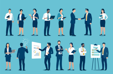 Business concept office work. Set of business characters at various positions. Business vector illustration.