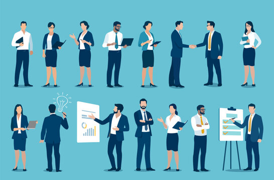 Business concept office work. Set of business characters at various positions. Business vector illustration.