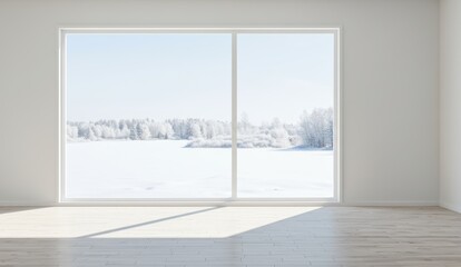 Fototapeta premium Empty room features large window with snowy winter landscape outside, highlighting minimalist design and serene atmosphere.