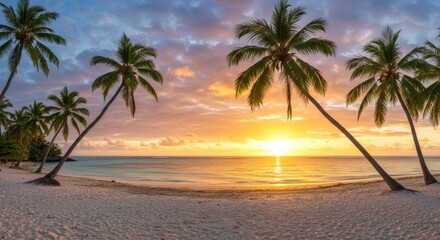 Obraz premium Serene tropical beach at sunset with palm trees and calm waves under colorful sky