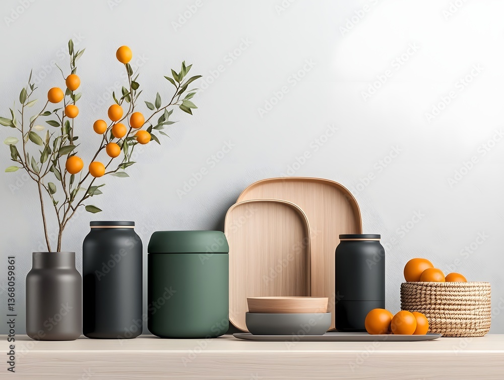 Poster neatly arranged assortment of stylish storage containers cardboard boxes wicker baskets and metallic